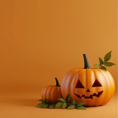 A jack-o'-lantern with a carved smiling face and leaves around it on an orange background, capturing the essence of Halloween spirit.