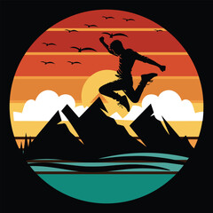 Man Jumping on Mountain Silhouette on Retro Vintage Background Vector Art Illustration T-shirt Design And Templates