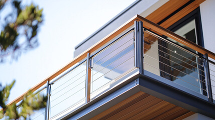 Fototapeta premium Elegant Steel Railing with Wooden Handrail and Clear Glass Panels for Outdoor Spaces.