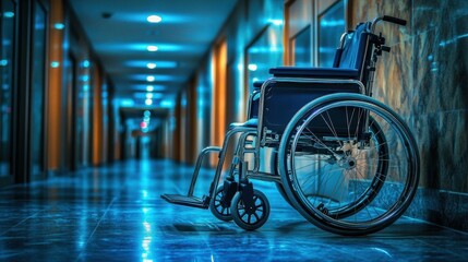 A wheelchair parked in a quiet hospital hallway, illuminated by soft lighting, symbolizing patient care and comfort.
