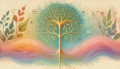 An abstract illustration of a golden tree with flowing roots, surrounded by vibrant leaves and soft, colorful waves. Generated AI.