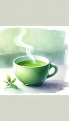 Obraz premium A steaming cup of green tea with a small tea leaf beside it on the table. Generated AI.