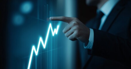 Businessman interacting with a glowing upward graph, illustrating a concept of business growth and strategic market development.