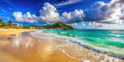 Obraz premium Oceanfront view of golden sands and waves on St Maarten island