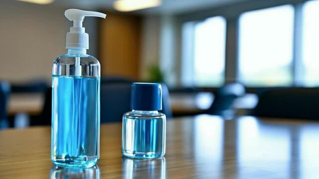Two bottles of blue liquid on a wooden table in a modern indoor setting.