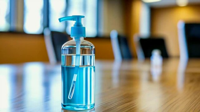 A blue liquid soap dispenser on a polished wooden table in a modern office setting.