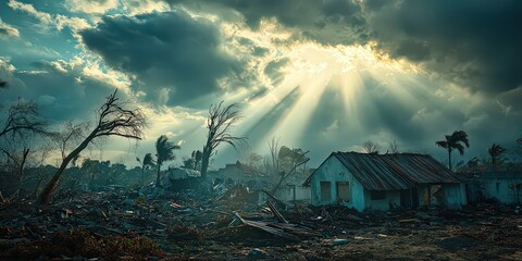  Wind-torn landscape with shattered windows, collapsed roofs, and uprooted trees, while sunlight breaks through clouds, signaling the aftermath of a powerful hurricane.