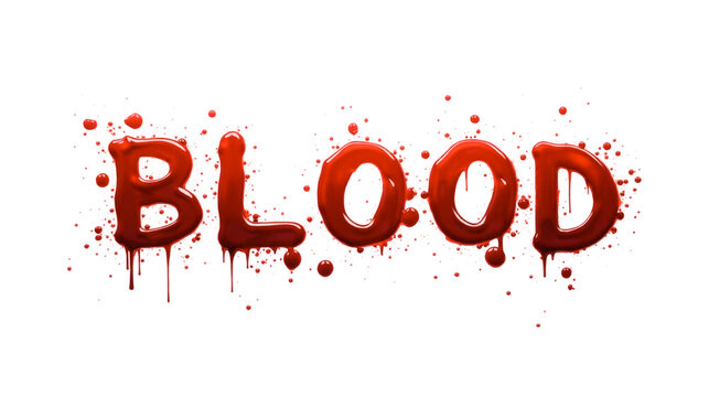 realistic blood dripping text design on isolated white backdrop, horror movie style typography, red fluid lettering for spooky Halloween graphics or medical presentations