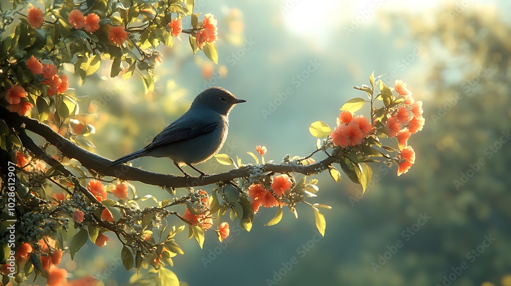 Wall mural a bluebird perched on a branch of a flowering tree with the sun shining in the background.