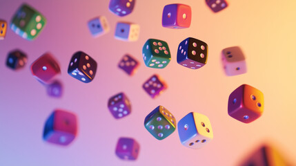 Brightly Colored Dice Floating in a Playful Randomized Pattern Perfect for Game Design