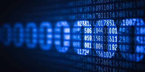 electronic digital number display on computer monitor featuring white digits over blue backdrop. network data stream, encryption coding, internet database management