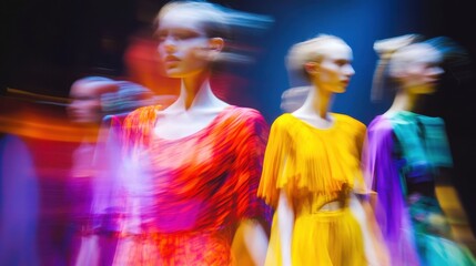 Obraz premium Blurred motion of models on a colorful fashion runway, bright outfits pop against the dimly lit audience backdrop