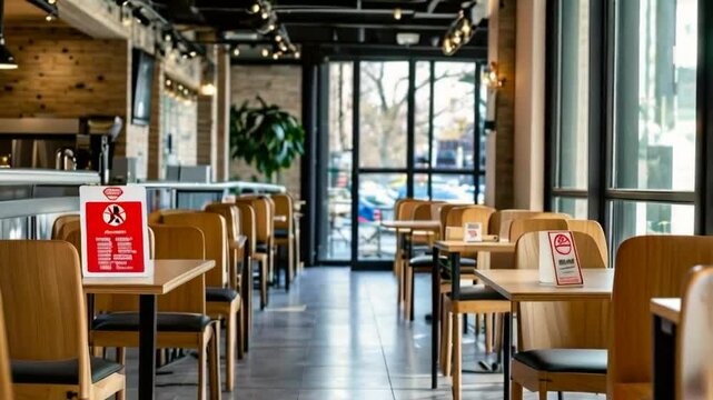 A modern restaurant interior with wooden furniture and a view of the outside.
