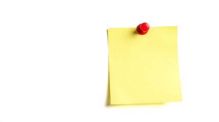 Blank yellow adhesive note with red pushpin on clean white backdrop, empty memo pad for custom message, office supplies mockup, organization and planning concept