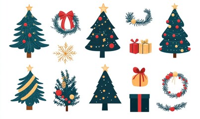 A set of images featuring decorated Christmas trees, holiday lights, wreaths, and wrapped gifts on a simple white background. Perfect for New Year themes, creating a festive atmosphere