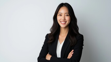 Young professional woman in a blazer smiles confidently against a plain background in a studio setting