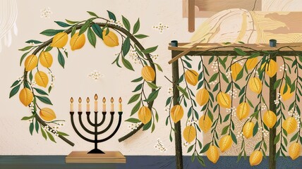 Festive card with fresh lemons for Sukkot illustration vector, created with Generative AI 