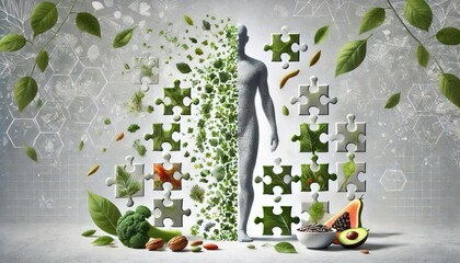An abstract depiction of a human figure being completed with puzzle pieces made of green leaves and healthy foods like avocado and broccoli. Generated AI.