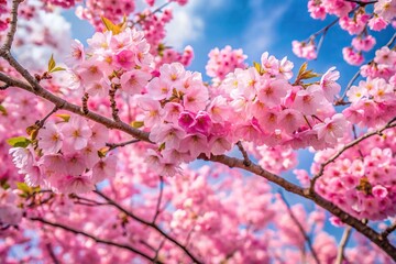 Oil painting of sakura cherry tree in full blossom from low angle