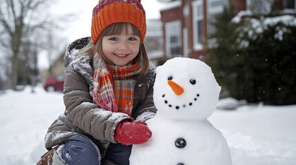 Happy Child Building Snowman in Winter Scene