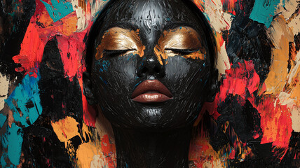 Striking Model Face Adorned with Golden Liquid and Deep Black Oil Paint with Colorful Geometric Framing.