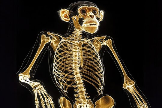 Glowing X-ray of a monkey's skeleton, showcasing intricate bone structure and limbs, monkey skeleton, emphasizing primate anatomy