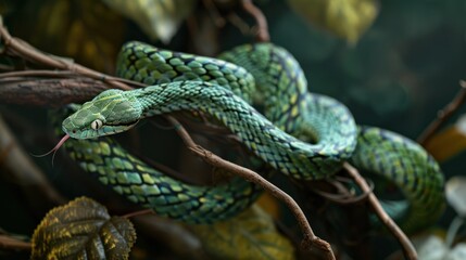 Fototapeta premium Green Tree Viper with Forked Tongue on Branch