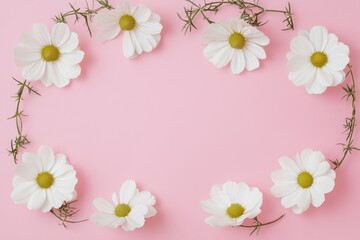 Fototapeta premium Pink background with white cosmos flowers in corners, wedding card decoration banner with copy space