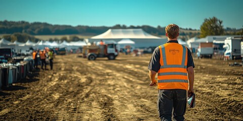  Worker in reflective vest walking through muddy festival grounds, supervising ongoing event preparations. White tents and vehicles fill the distant landscape under the clear blue sky.