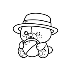 coloring page of a cute bear holding a beach ball while wearing a hat