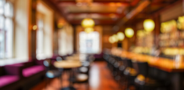 blurred bar pub scene with empty seating arrangements, inviting ambiance for casual meetups or events, unfocused pub setting