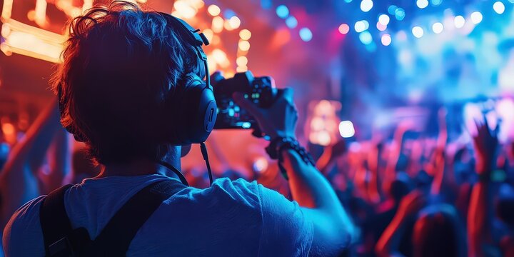  Festival photographer stands in front of the main stage, capturing photos of a live band performing under vibrant lights, documenting the energy of the performance.