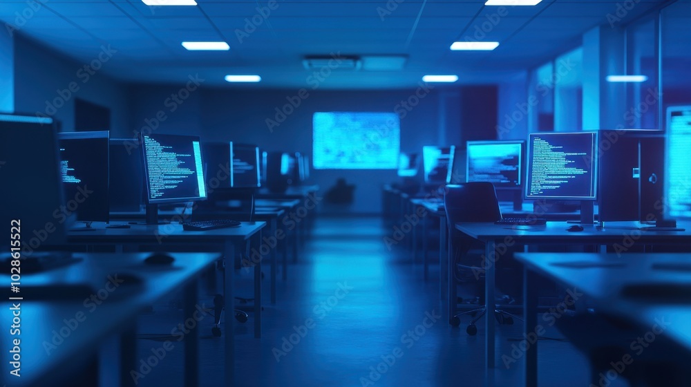 Poster dark computer lab with rows of desks, blue light from monitors displaying code illuminates the space