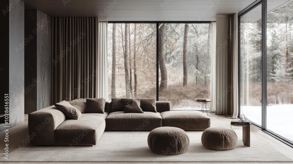 Wall mural modern living room interior with large windows overlooking snowy forest.