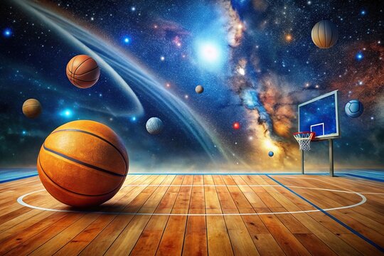 Orange and blue basketball court surrounded by stars and planets in space, captured from a unique worm's eye view perspective