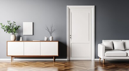 Stylish living room with a white sofa, wooden cabinet, and plants, featuring grey walls and herringbone flooring.