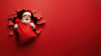 Santa Claus breaking through wall spreading Christmas