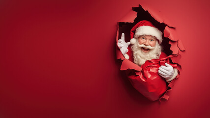 Jolly Santa Waving Through Torn Red Background