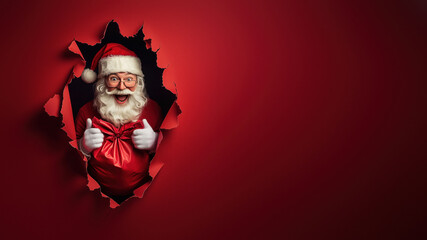 Santa with glasses joyfully breaking through paper