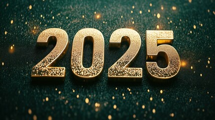 Golden 2025 numerals shining brightly against a sparkling green background, symbolizing the upcoming New Year and celebration