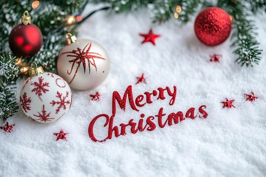 "Merry Christmas", scritta in rosso, su sfondo bianco di neve con decorazioni natalizie. Per biglietto di auguri di "Buon Natale" 