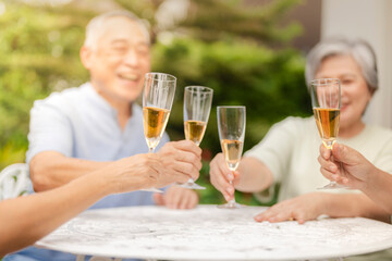 A group of people clink champagne glasses together in a celebratory toast. The image conveys joy, celebration, and togetherness in an outdoor setting, symbolizing special moments and shared happiness.