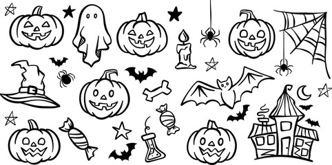 Cute Halloween cartoon vector clip art doodle set, line art illustration, decorative festive holiday pumpkin vector lanterns, isolated elements