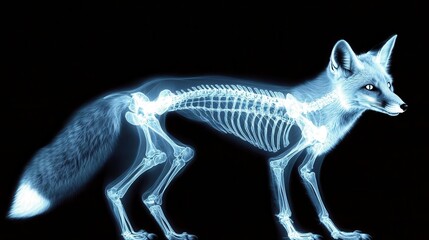 X-ray image of a fox's glowing skeleton, showing detailed bone structure and agile frame, fox X-ray, emphasizing small predator anatomy