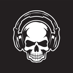 skull with headphones headset earphones smiling scary stylish black ad white isolated vector logo tattoo style sticker stamp icon for tee shirt high quality print business music industry