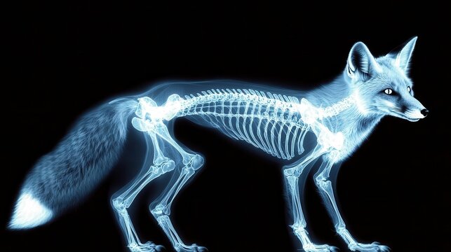 X-ray image of a fox's glowing skeleton, showing detailed bone structure and agile frame, fox X-ray, emphasizing small predator anatomy