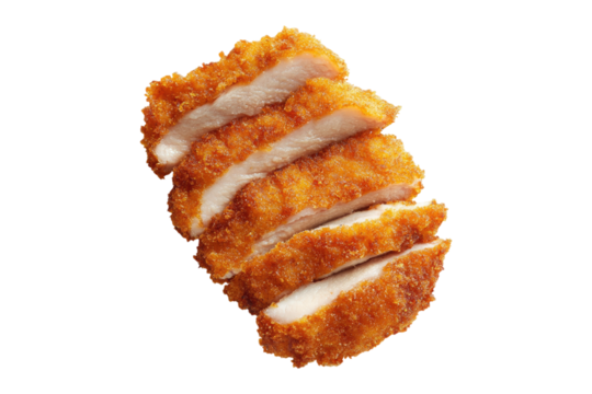 Crispy tonkatsu pork cutlet sliced on a transparent background