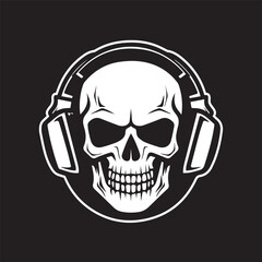 skull with headphones headset earphones smiling scary stylish black ad white isolated vector logo tattoo style sticker stamp icon for tee shirt high quality print business music industry