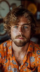 Fototapeta premium Close-up Portrait of a Handsome Man with a Beard and Round Glasses