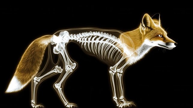 X-ray image of a fox's glowing skeleton, showing detailed bone structure and agile frame, fox X-ray, emphasizing small predator anatomy